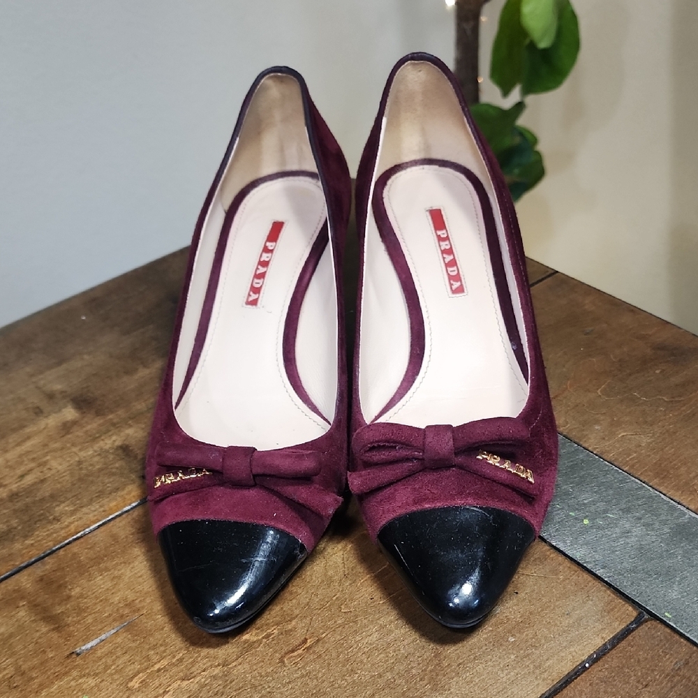 Prada Suede Patent Cap Bow Pumps